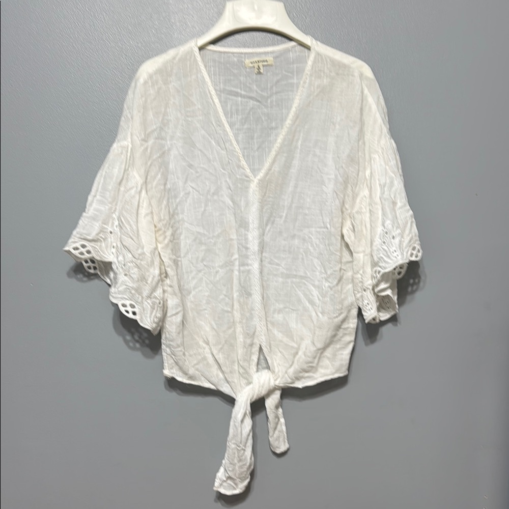 Max Studio White Short Sleeve Tie-Front Blouse